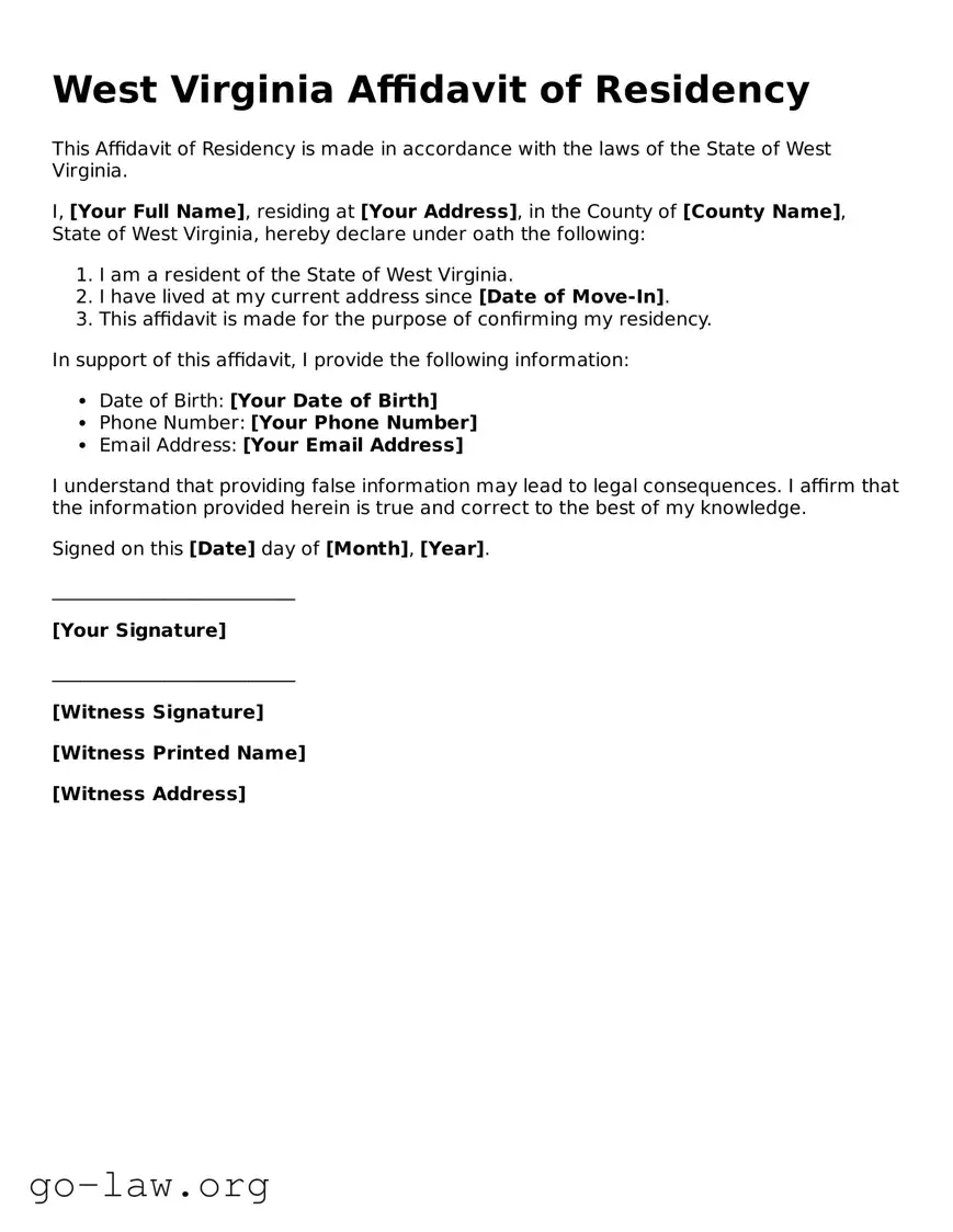 Fillable West Virginia Affidavit of Residency Form
