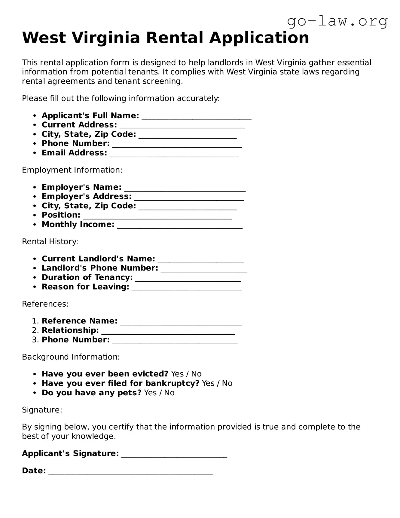 Fillable West Virginia Rental Application Form