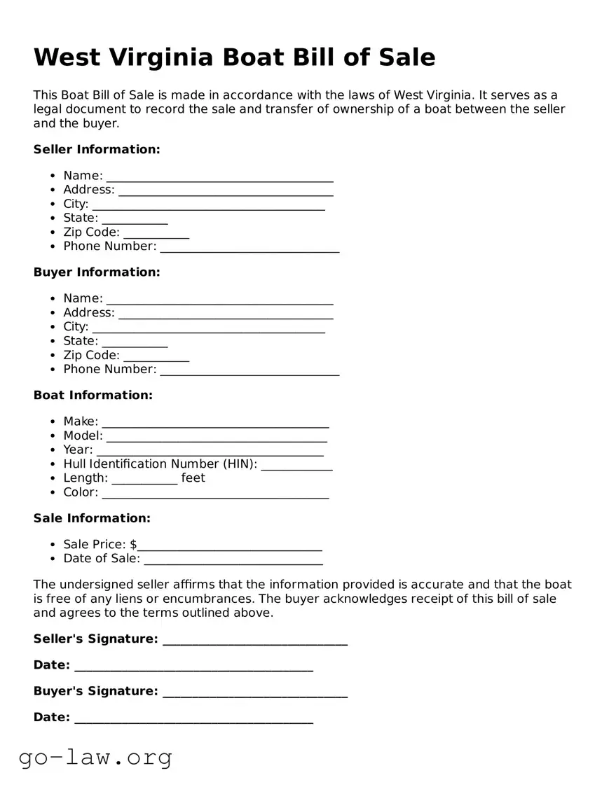 Fillable West Virginia Boat Bill of Sale Form