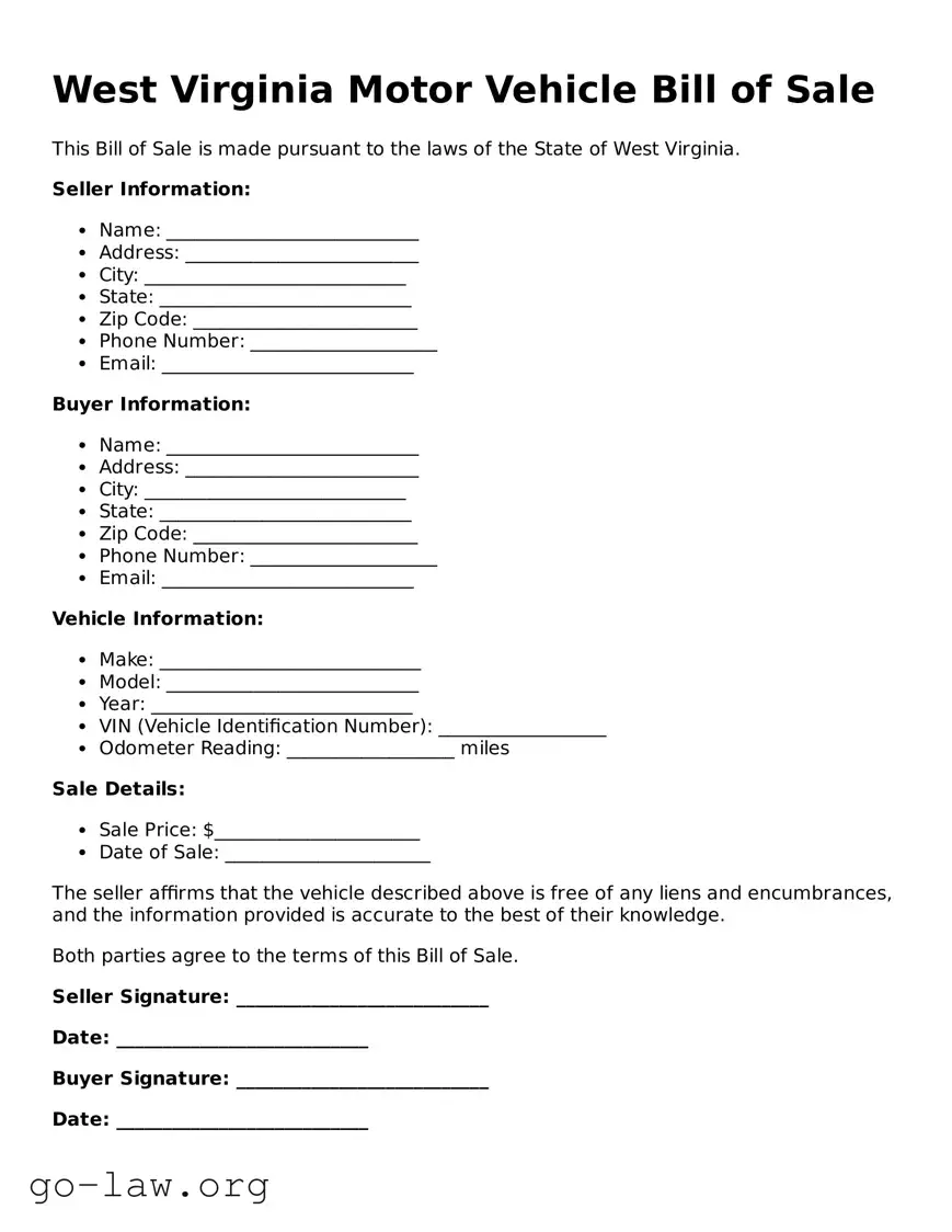 Fillable West Virginia Motor Vehicle Bill of Sale Form