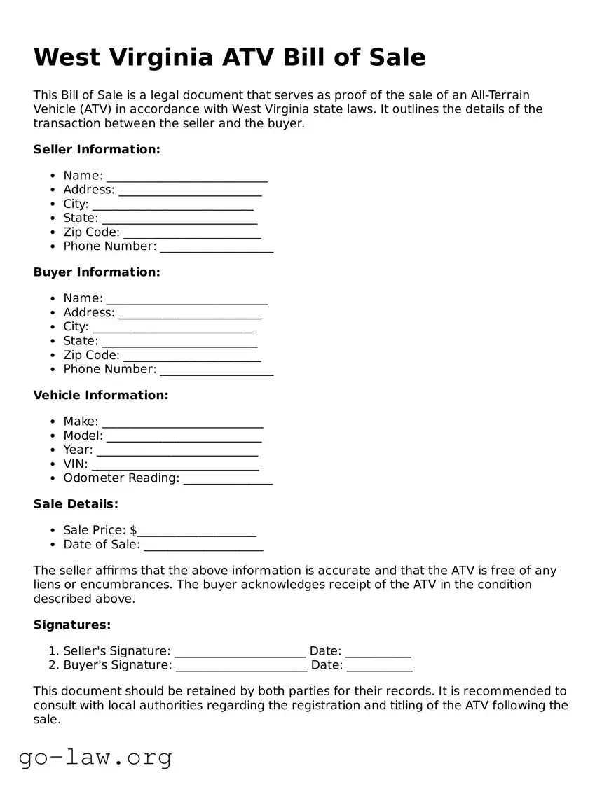 Fillable West Virginia ATV Bill of Sale Form