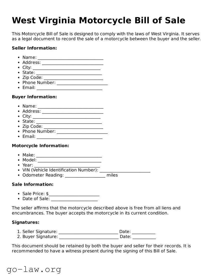 Fillable West Virginia Motorcycle Bill of Sale Form