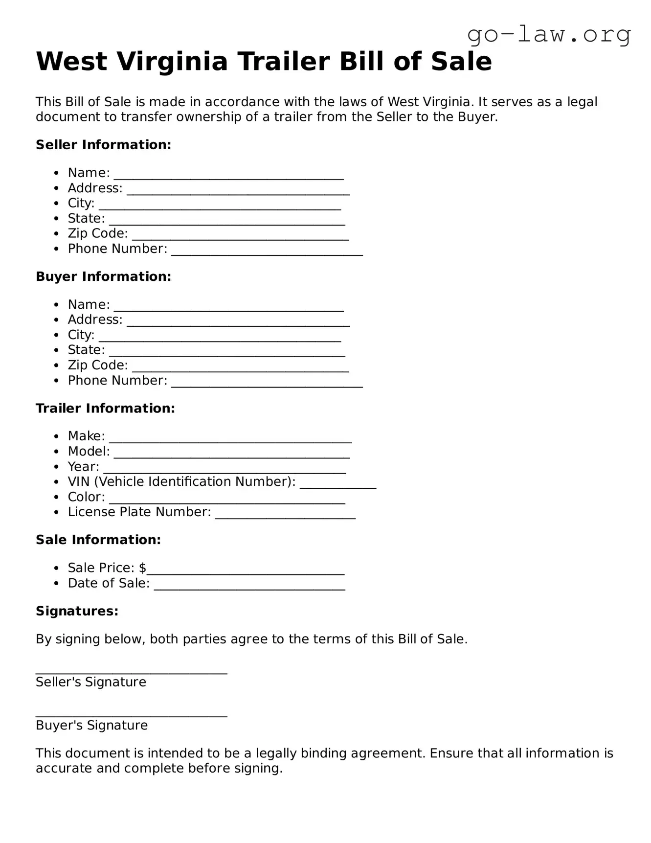 Fillable West Virginia Trailer Bill of Sale Form