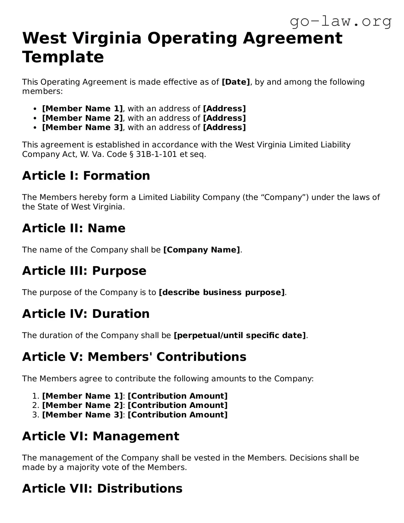 Fillable West Virginia Operating Agreement Form