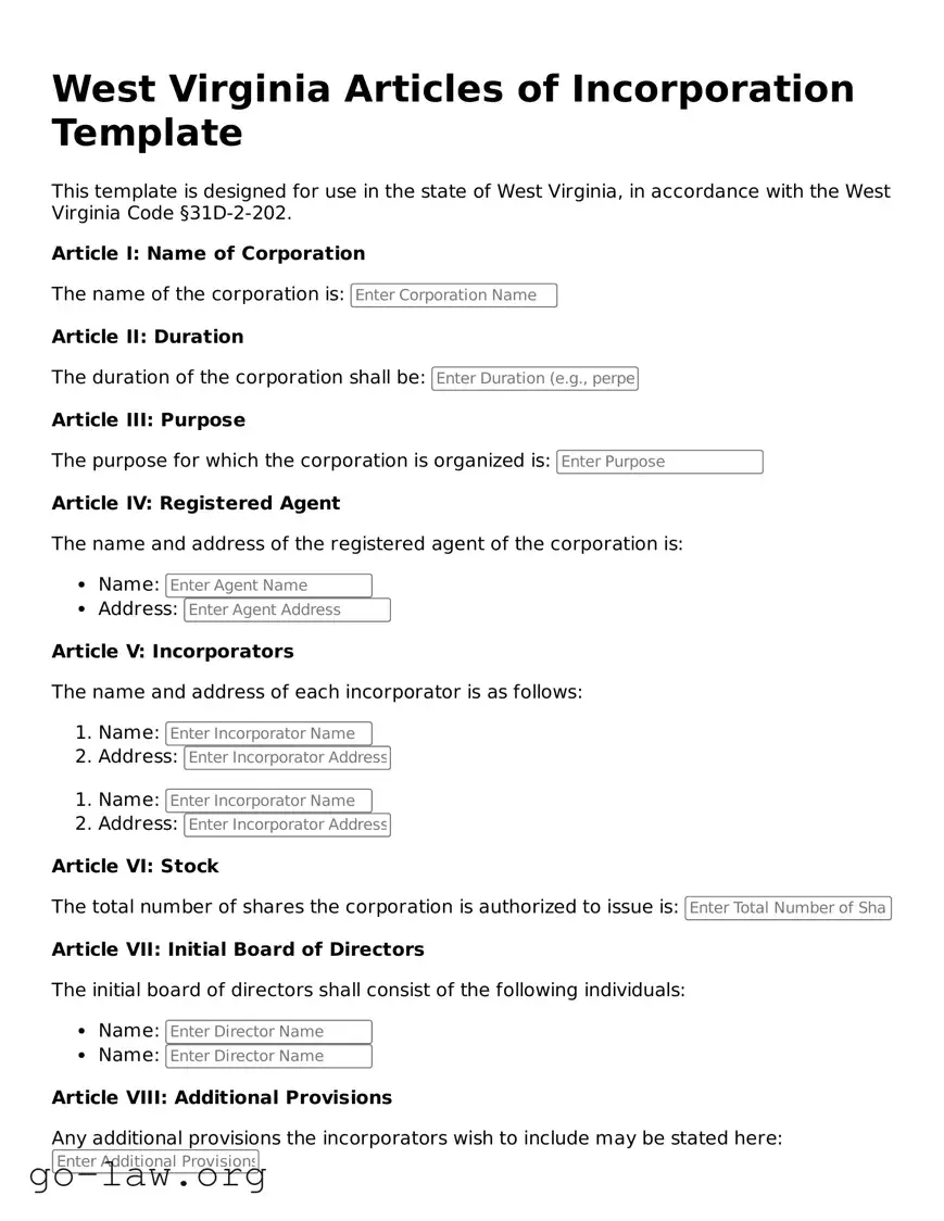 Fillable West Virginia Articles of Incorporation Form