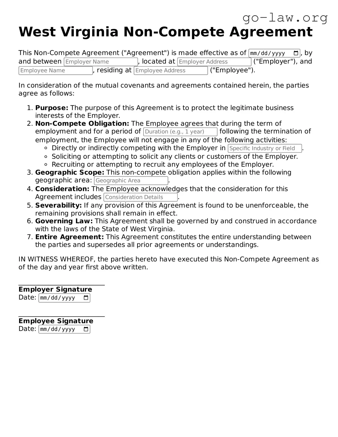 Fillable West Virginia Non-compete Agreement Form