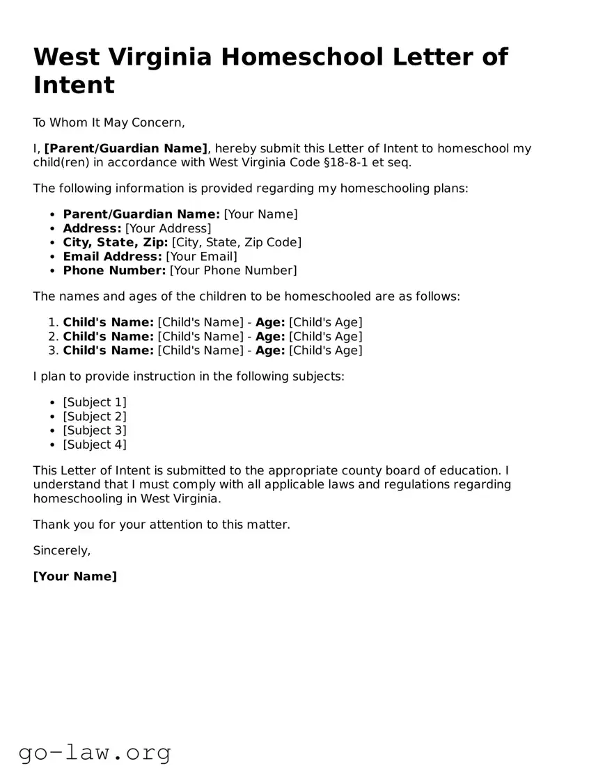 Fillable West Virginia Homeschool Letter of Intent Form