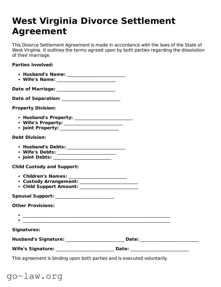 Fillable West Virginia Divorce Settlement Agreement Form