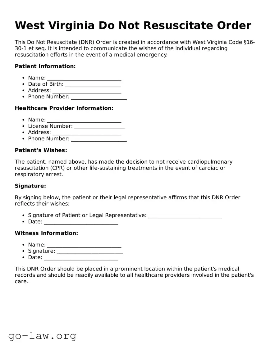 Fillable West Virginia Do Not Resuscitate Order Form
