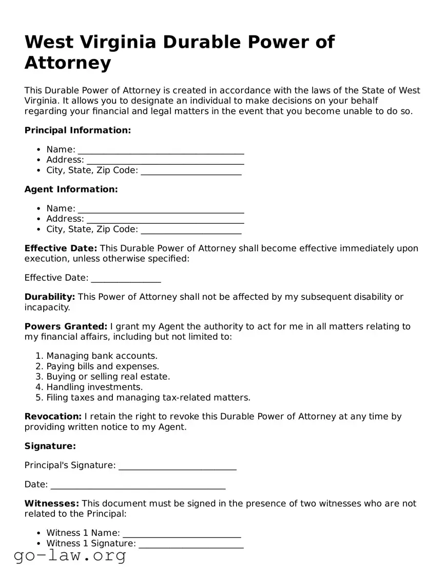 Fillable West Virginia Durable Power of Attorney Form