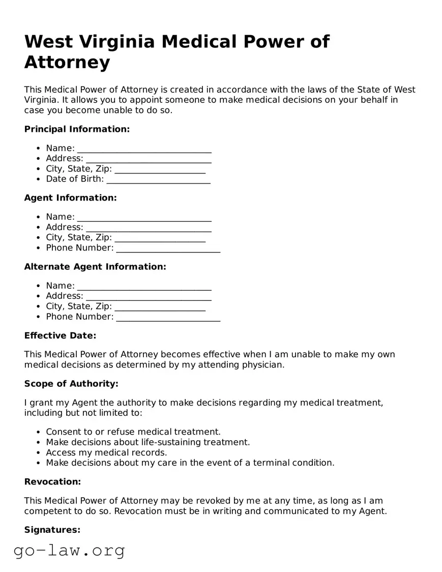 Fillable West Virginia Medical Power of Attorney Form