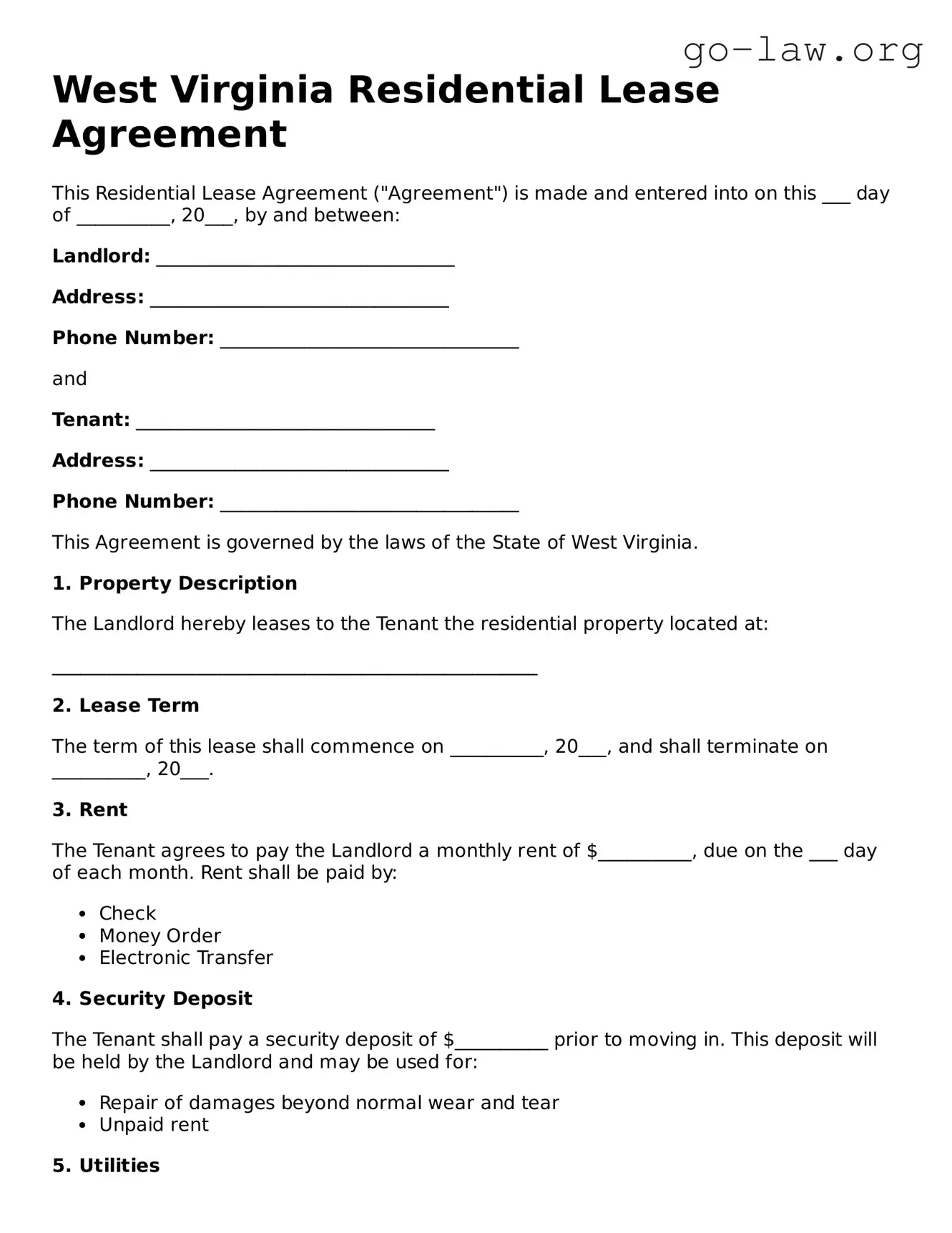 Fillable West Virginia Residential Lease Agreement Form