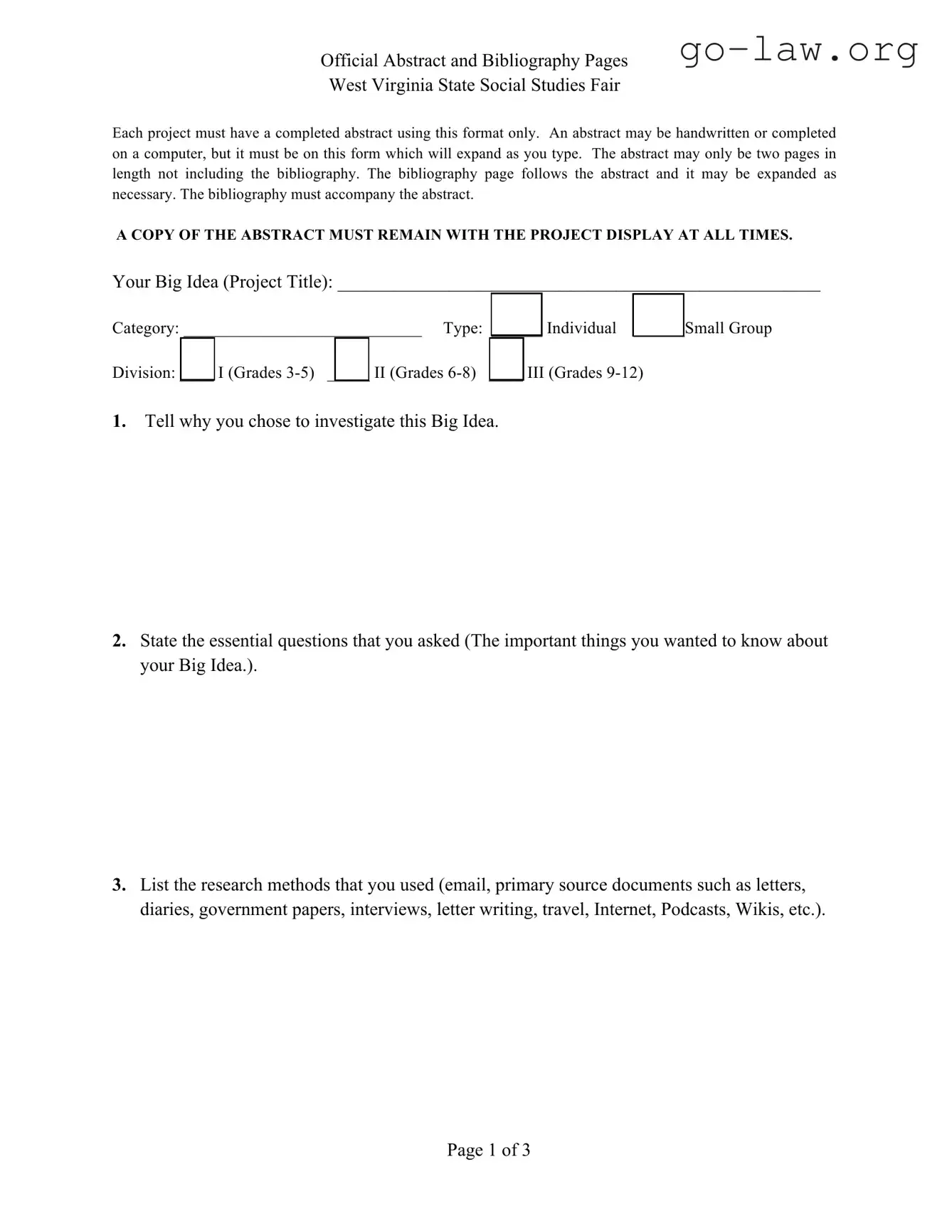 Download West Virginia Abstract Social Studies Fair Form in PDF