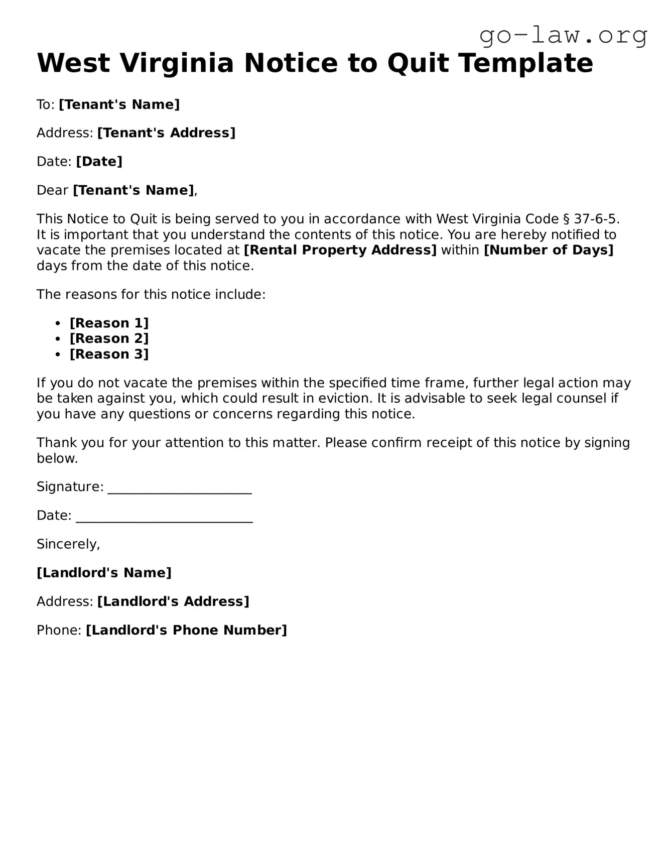 Fillable West Virginia Notice to Quit Form