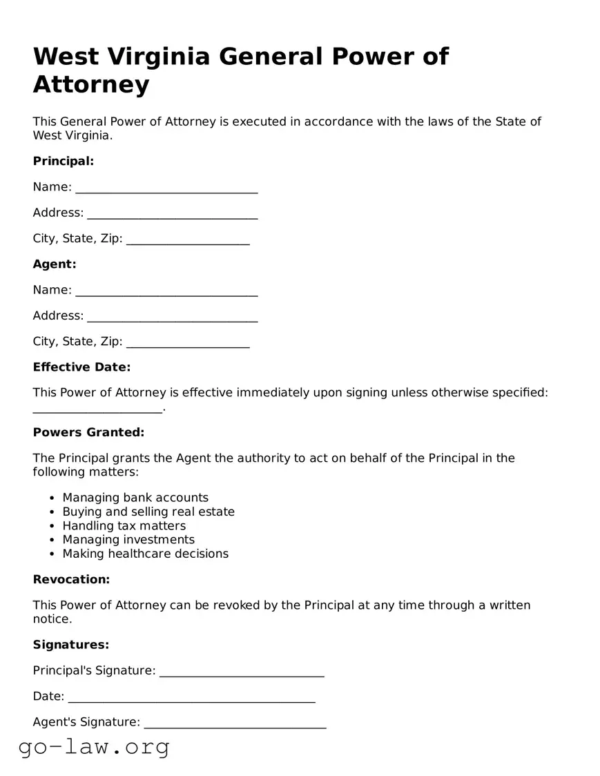 Fillable West Virginia General Power of Attorney Form