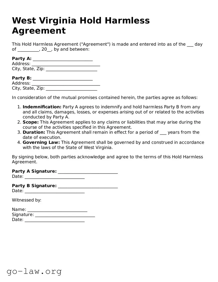Fillable West Virginia Hold Harmless Agreement Form