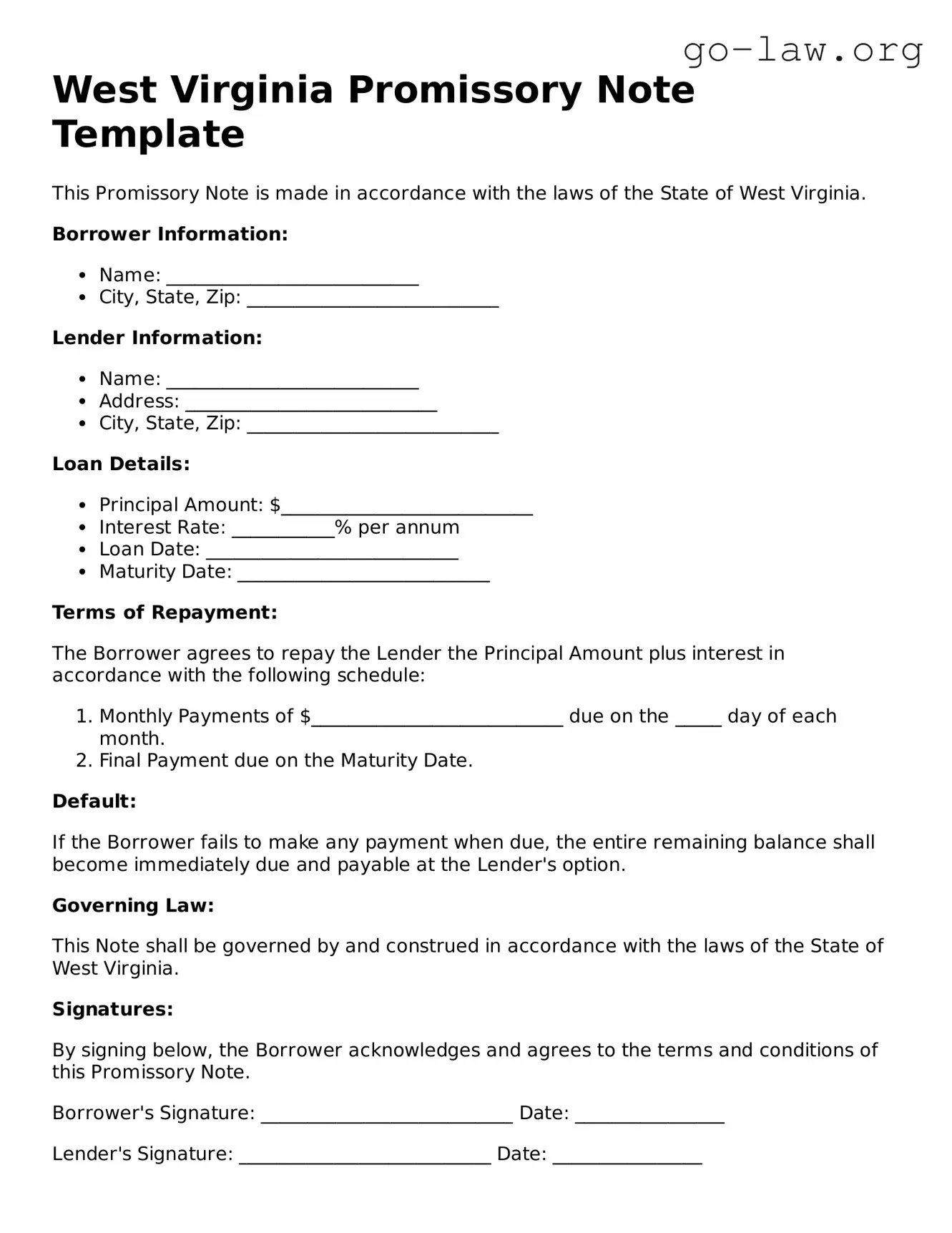 Fillable West Virginia Promissory Note Form