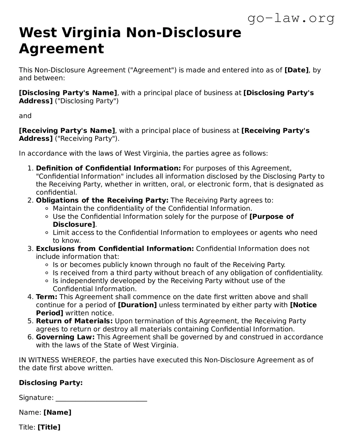Fillable West Virginia Non-disclosure Agreement Form