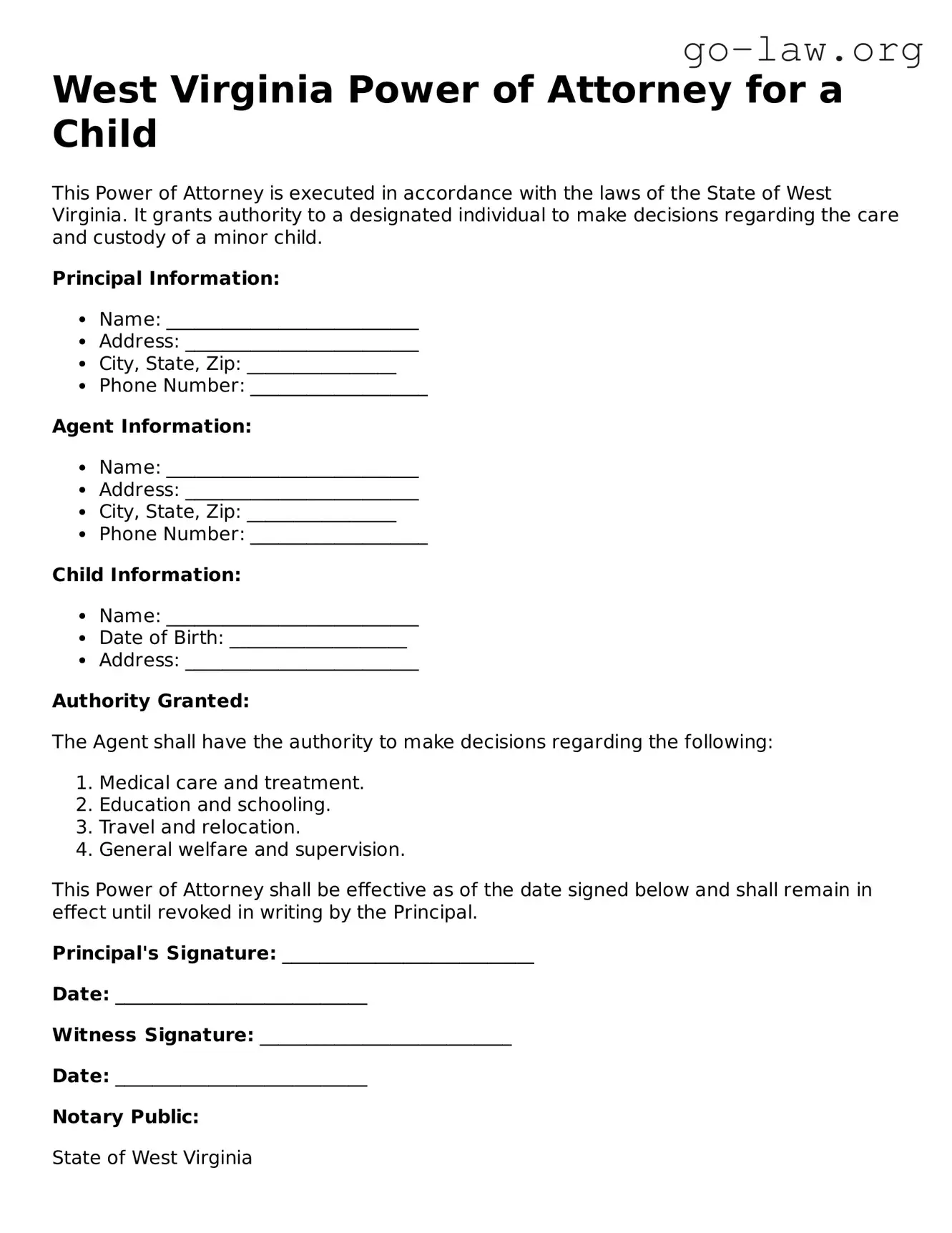 Fillable West Virginia Power of Attorney for a Child Form