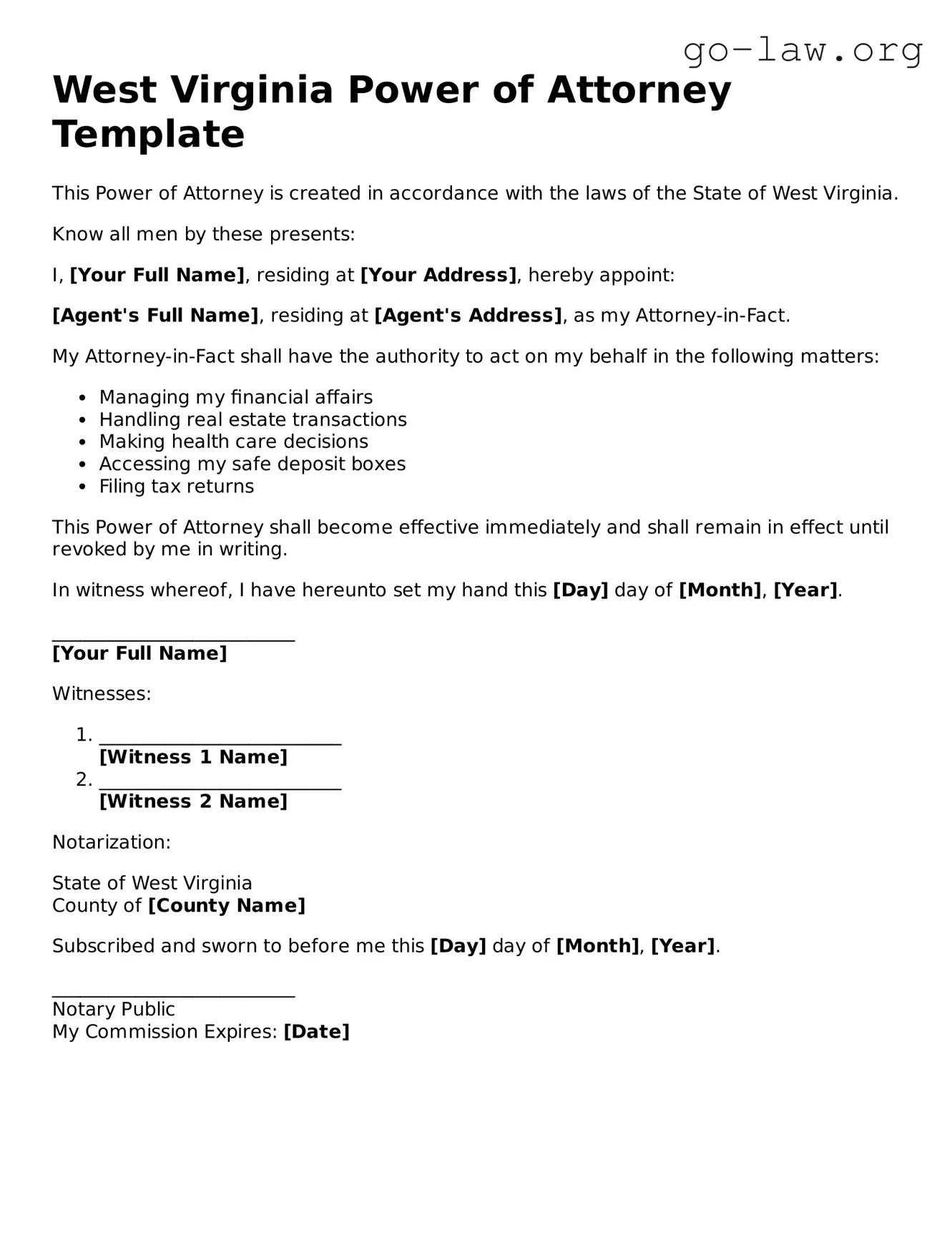 Fillable West Virginia Power of Attorney Form