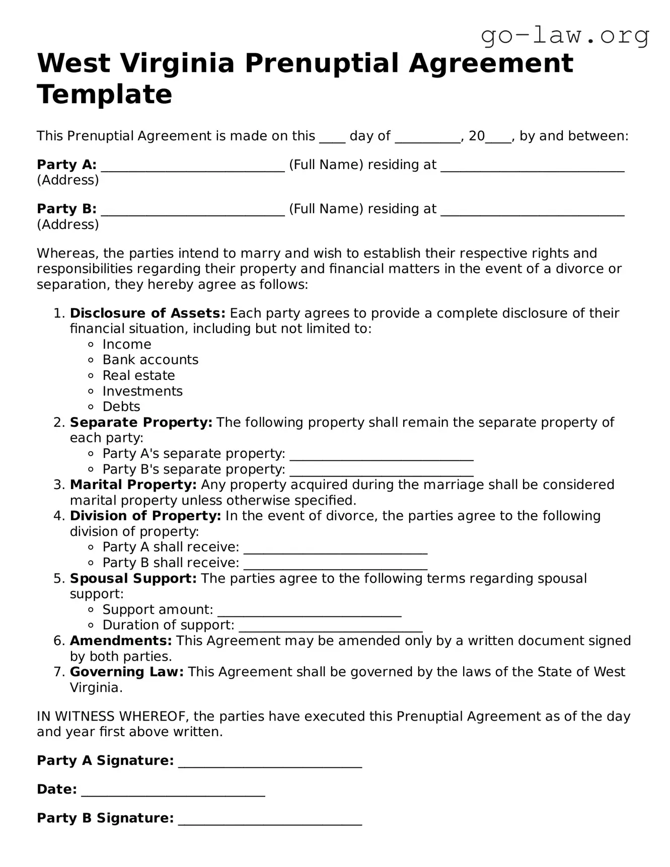 Fillable West Virginia Prenuptial Agreement Form