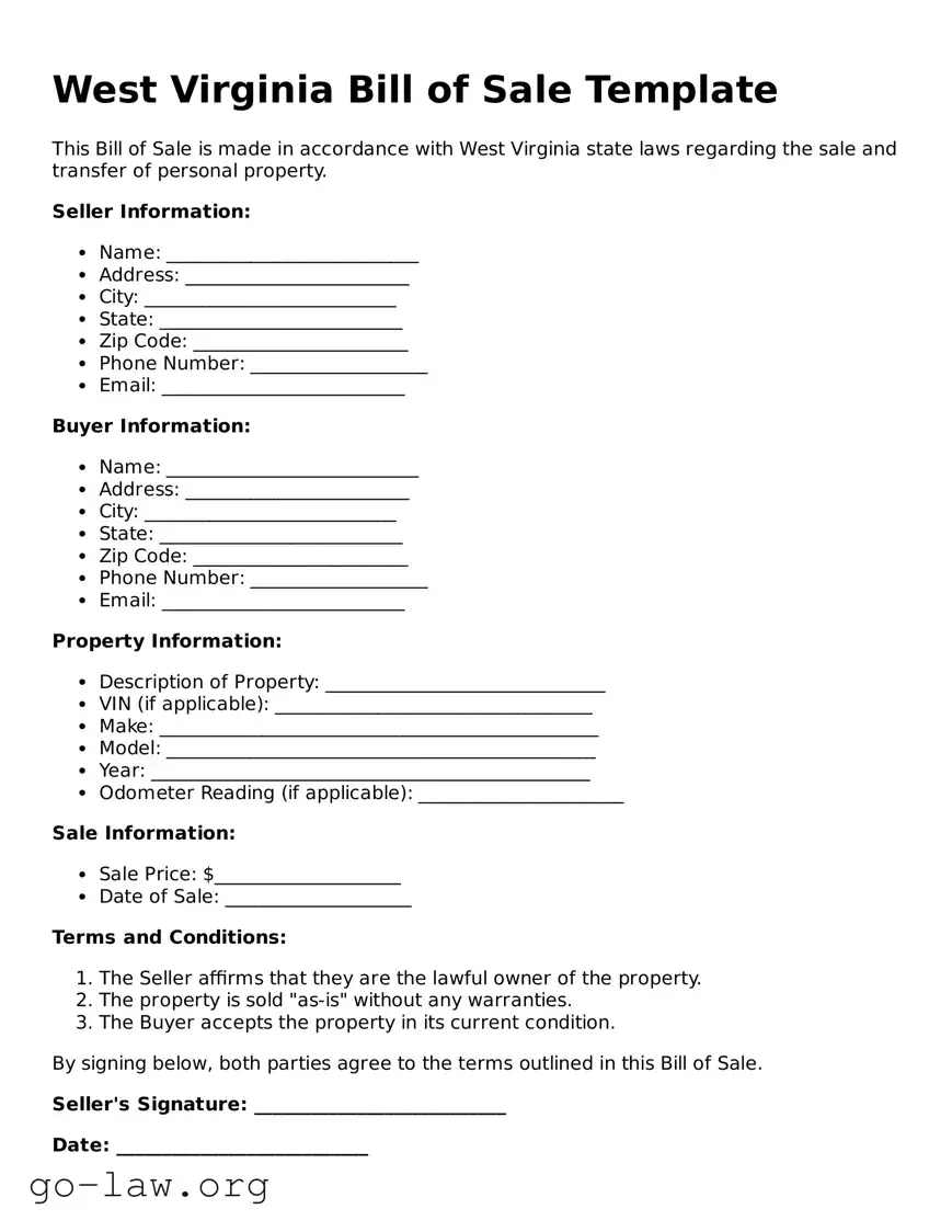 Fillable West Virginia Bill of Sale Form