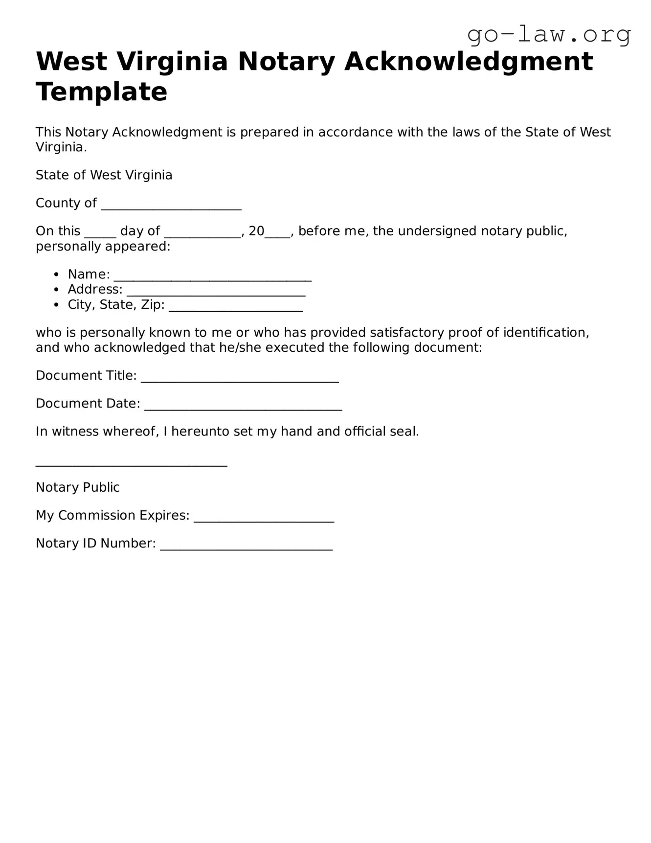 Fillable West Virginia Notary Acknowledgement Form