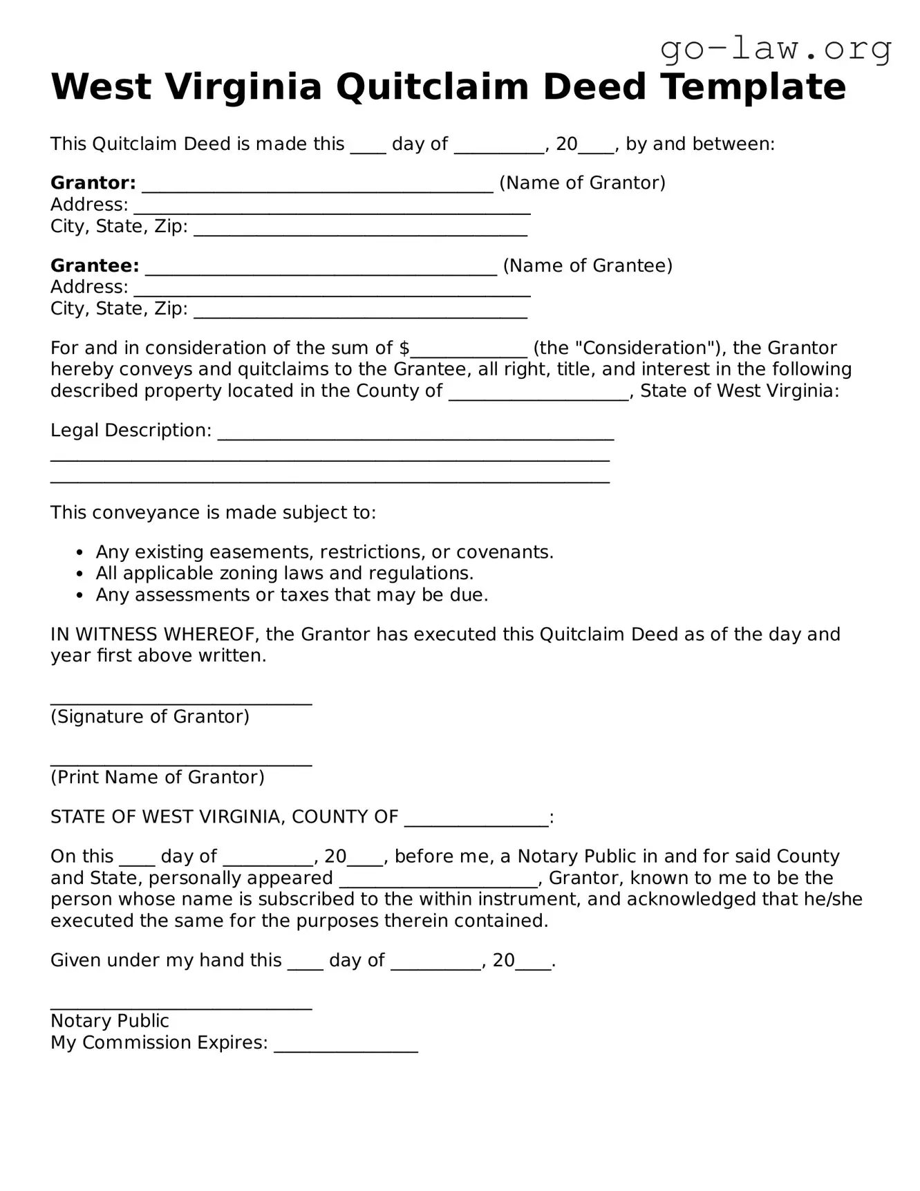 Fillable West Virginia Quitclaim Deed Form