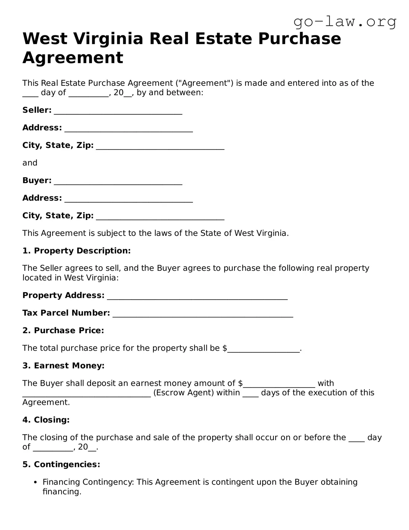 Fillable West Virginia Real Estate Purchase Agreement Form