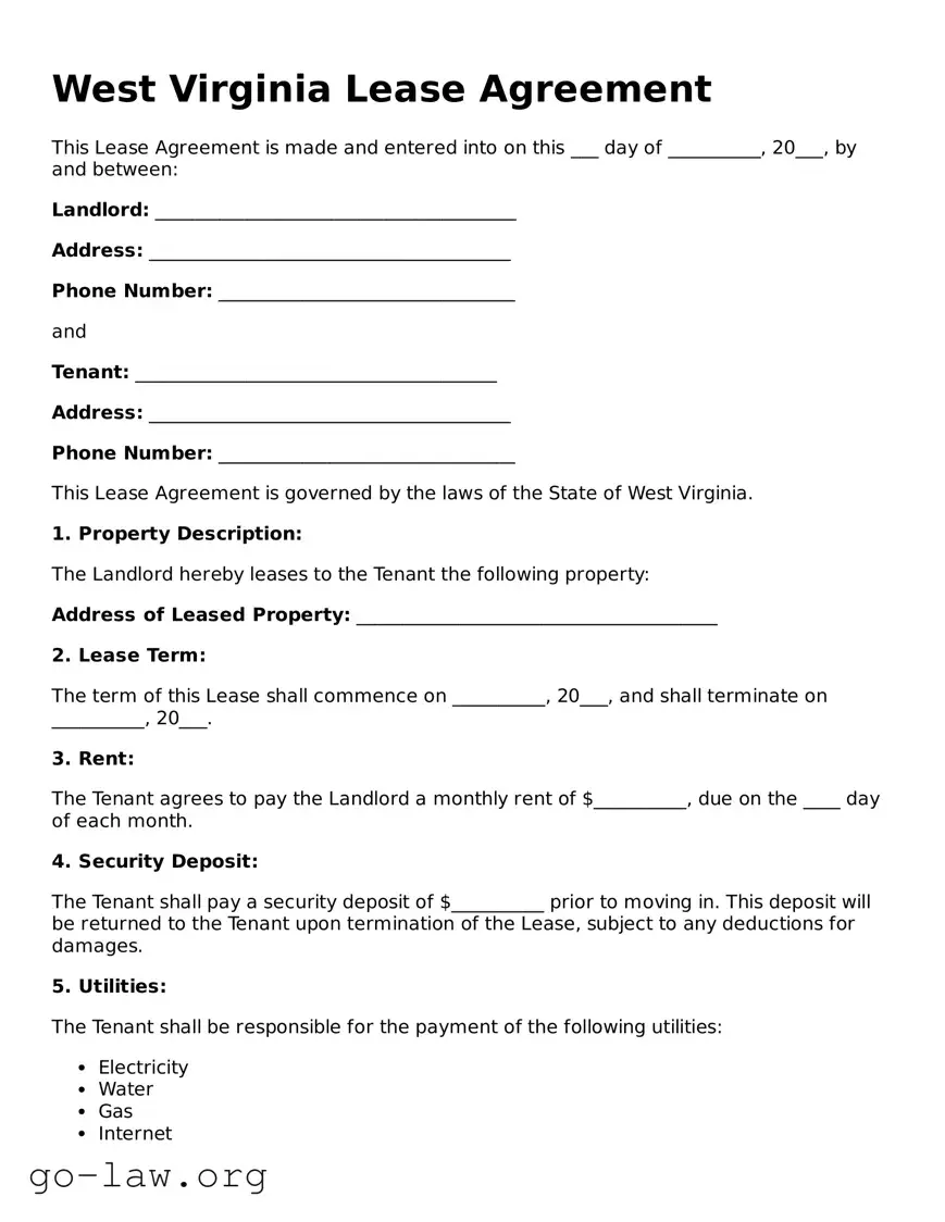 Fillable West Virginia Lease Agreement Form