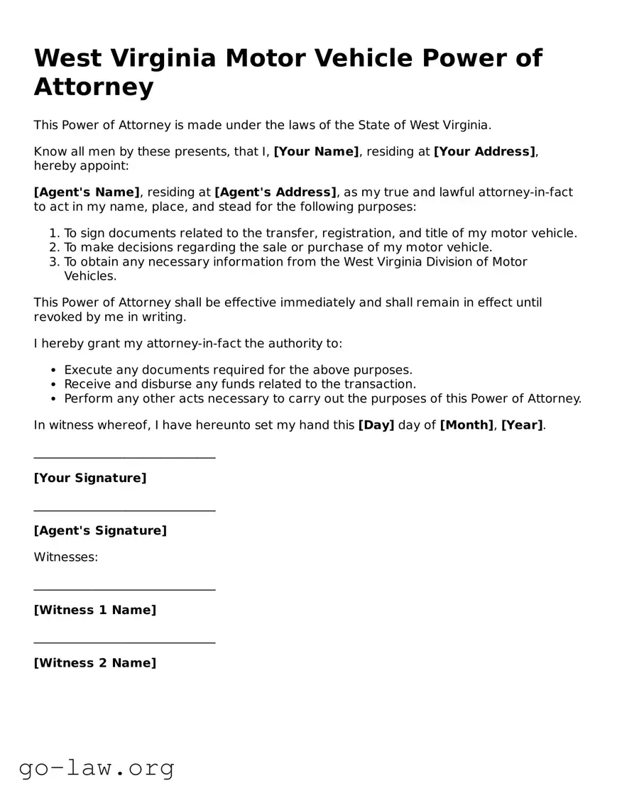 Fillable West Virginia Motor Vehicle Power of Attorney Form