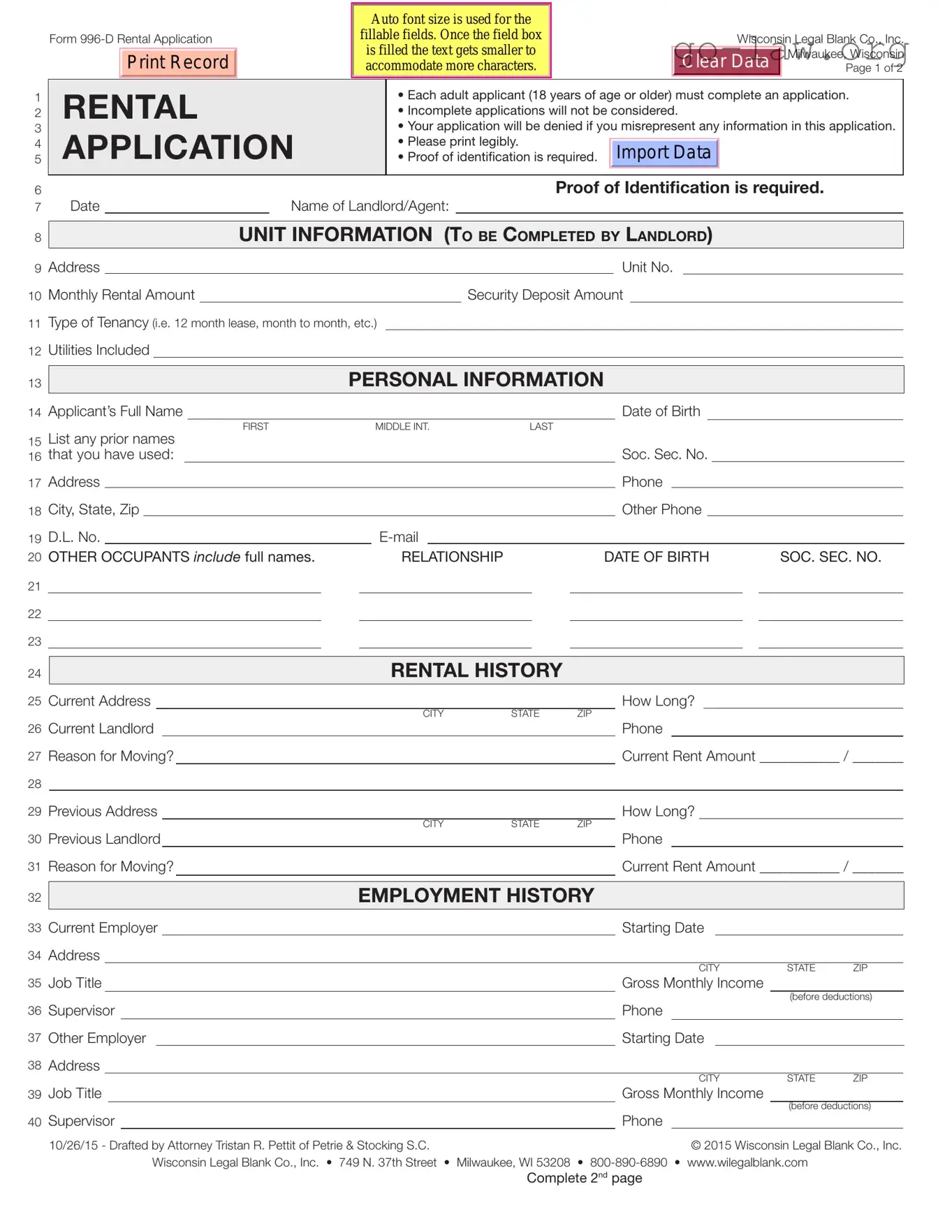 Download Wisconsin Rental Application Form in PDF