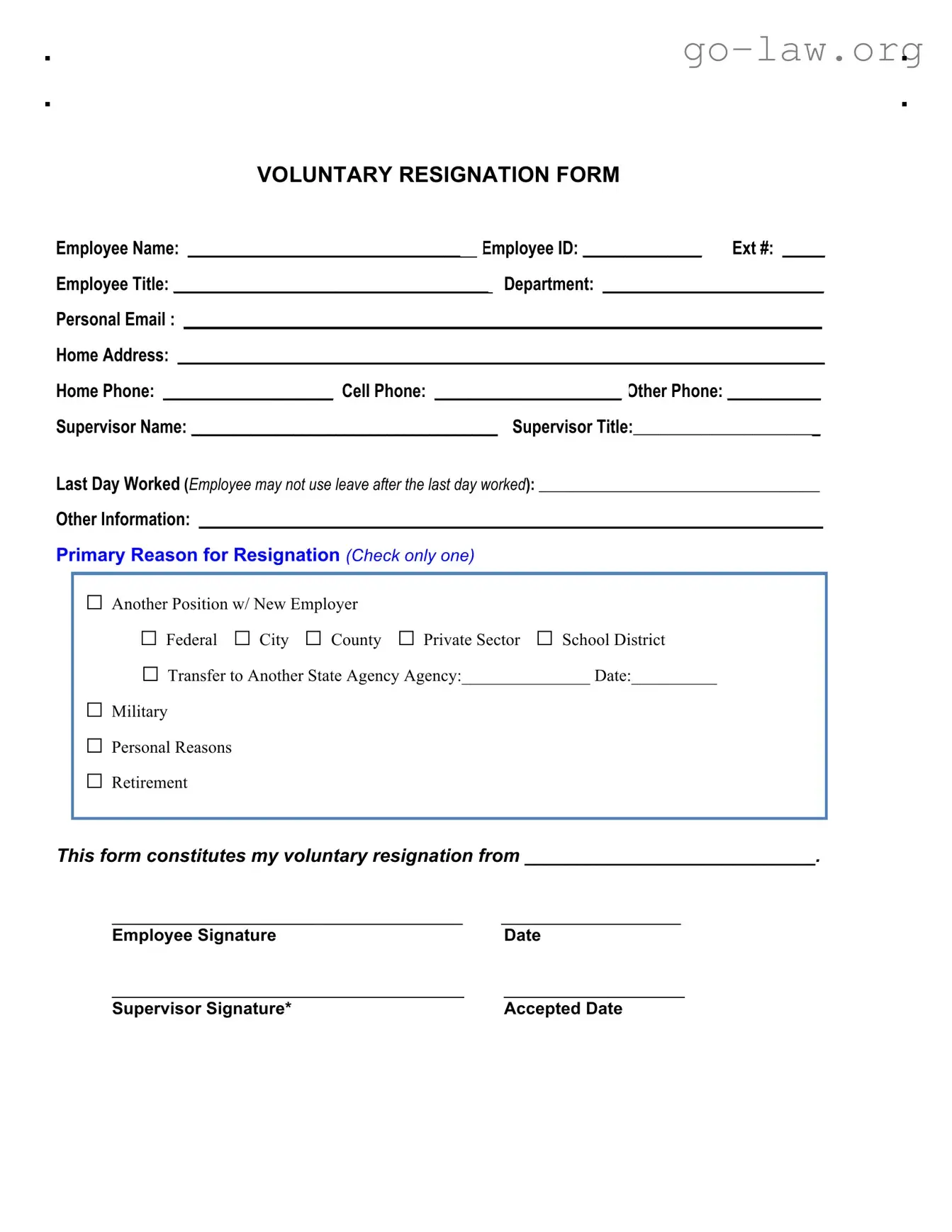 Download Voluntary Resignation Form in PDF