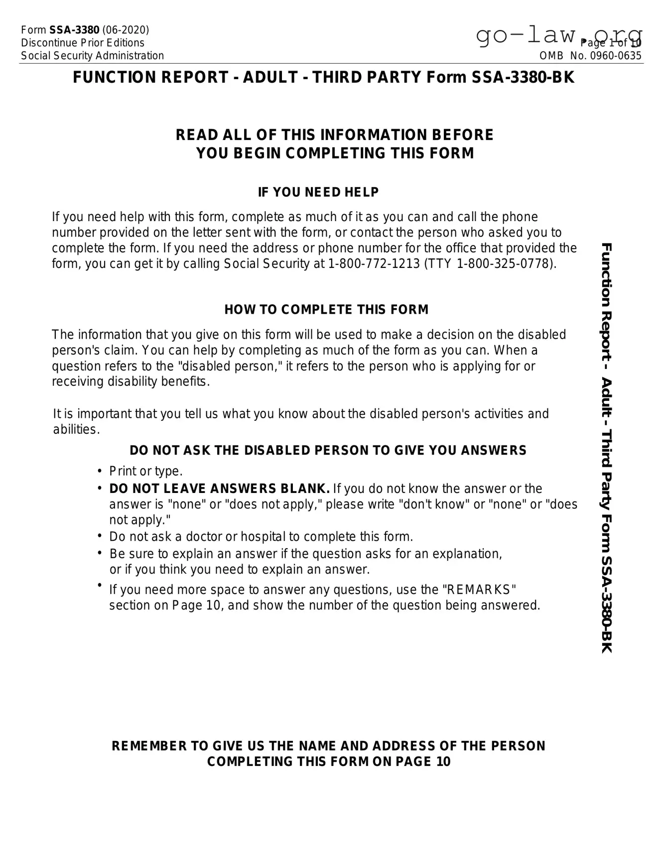 Download SSA SSA-3380-BK Form in PDF