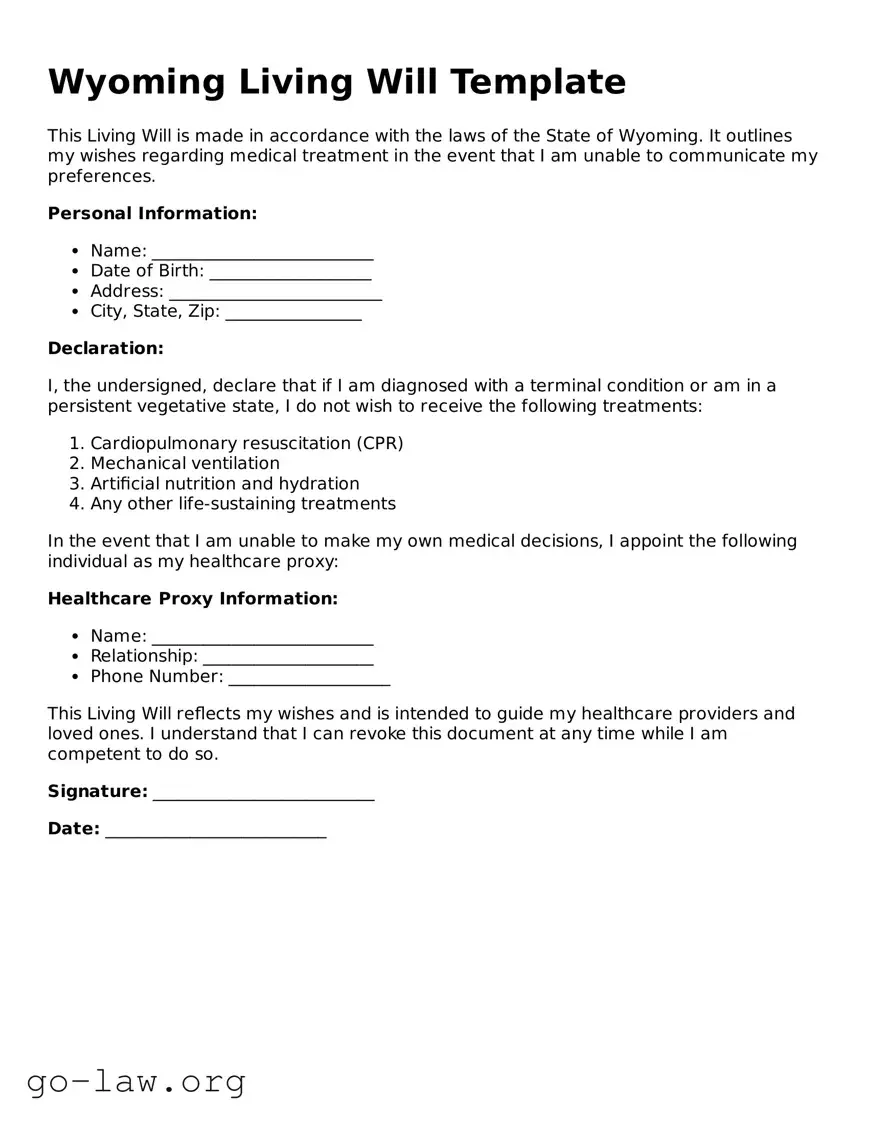 Fillable Wyoming Living Will Form