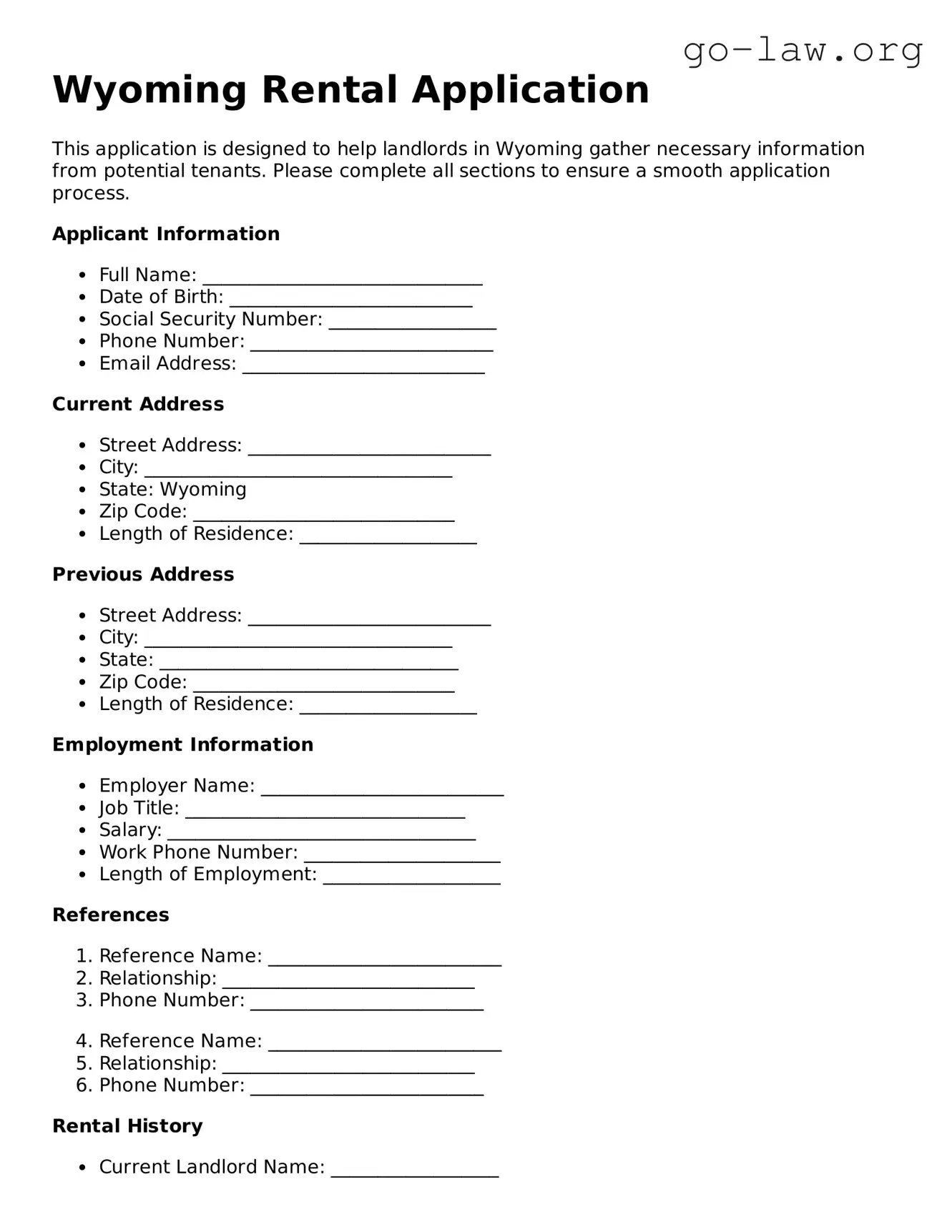 Fillable Wyoming Rental Application Form