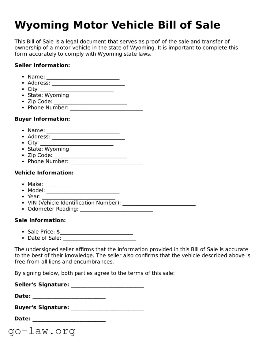 Fillable Wyoming Motor Vehicle Bill of Sale Form
