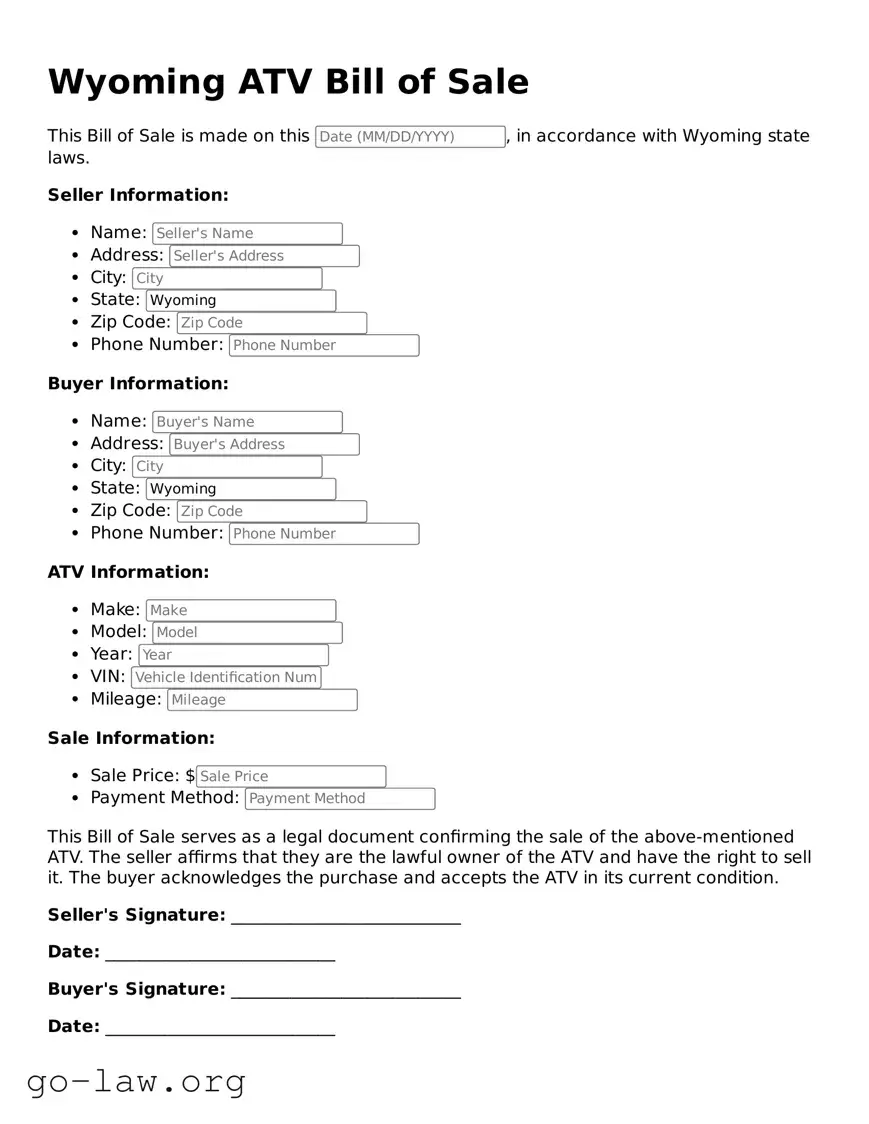 Fillable Wyoming ATV Bill of Sale Form