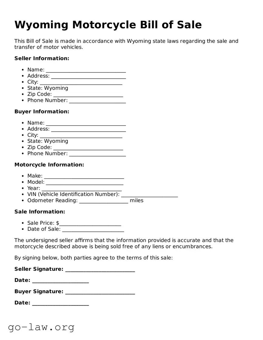 Fillable Wyoming Motorcycle Bill of Sale Form