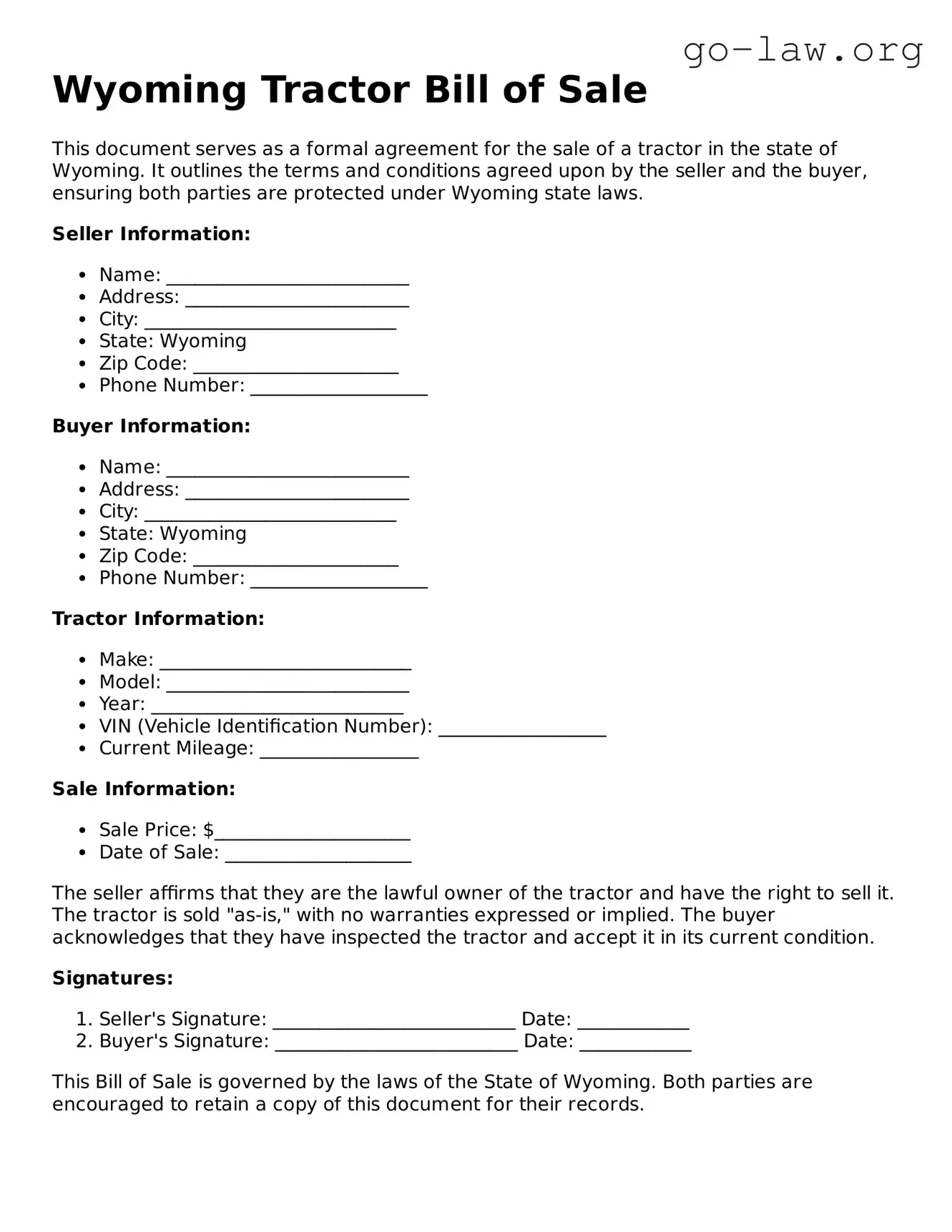 Fillable Wyoming Tractor Bill of Sale Form