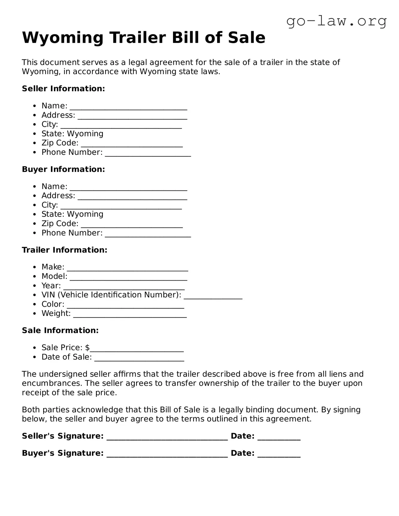 Fillable Wyoming Trailer Bill of Sale Form