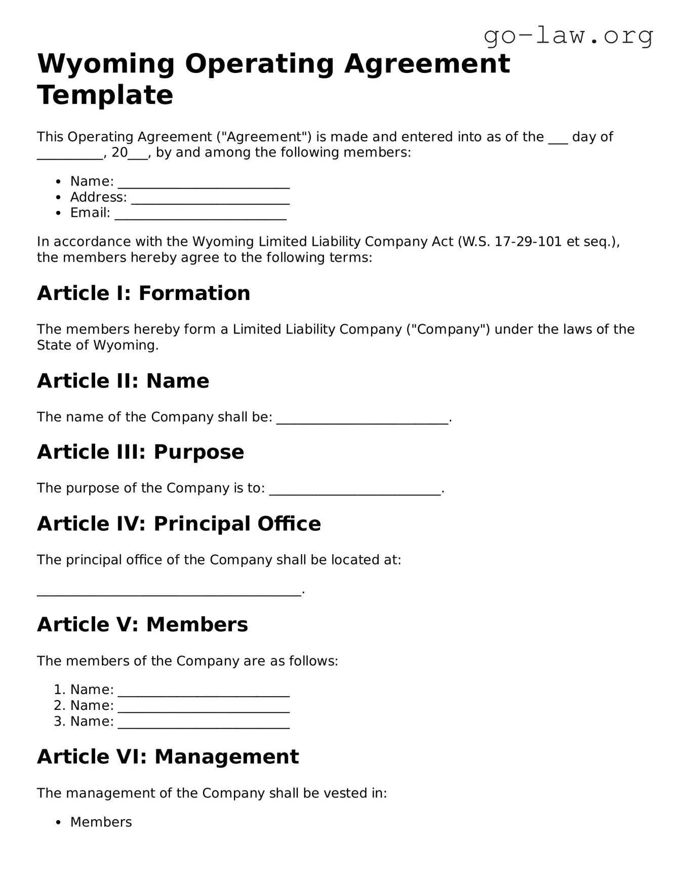 Fillable Wyoming Operating Agreement Form