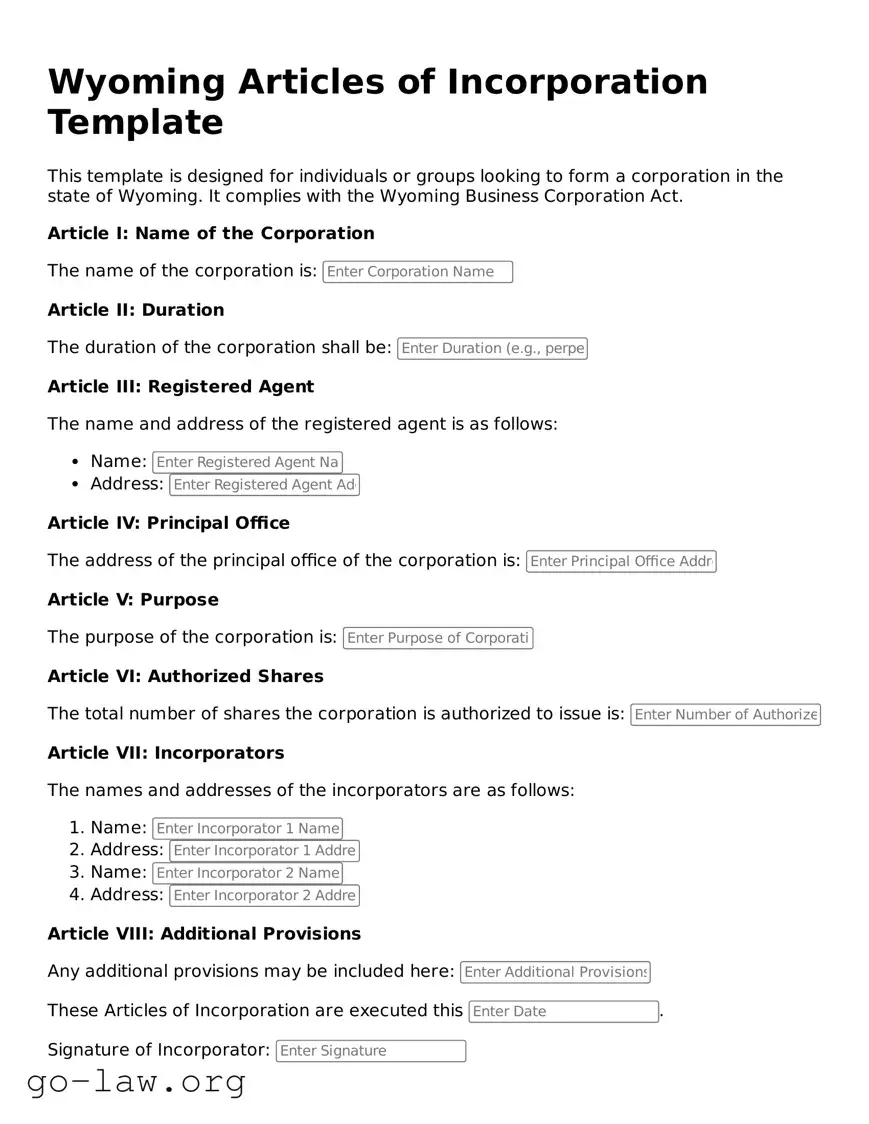 Fillable Wyoming Articles of Incorporation Form