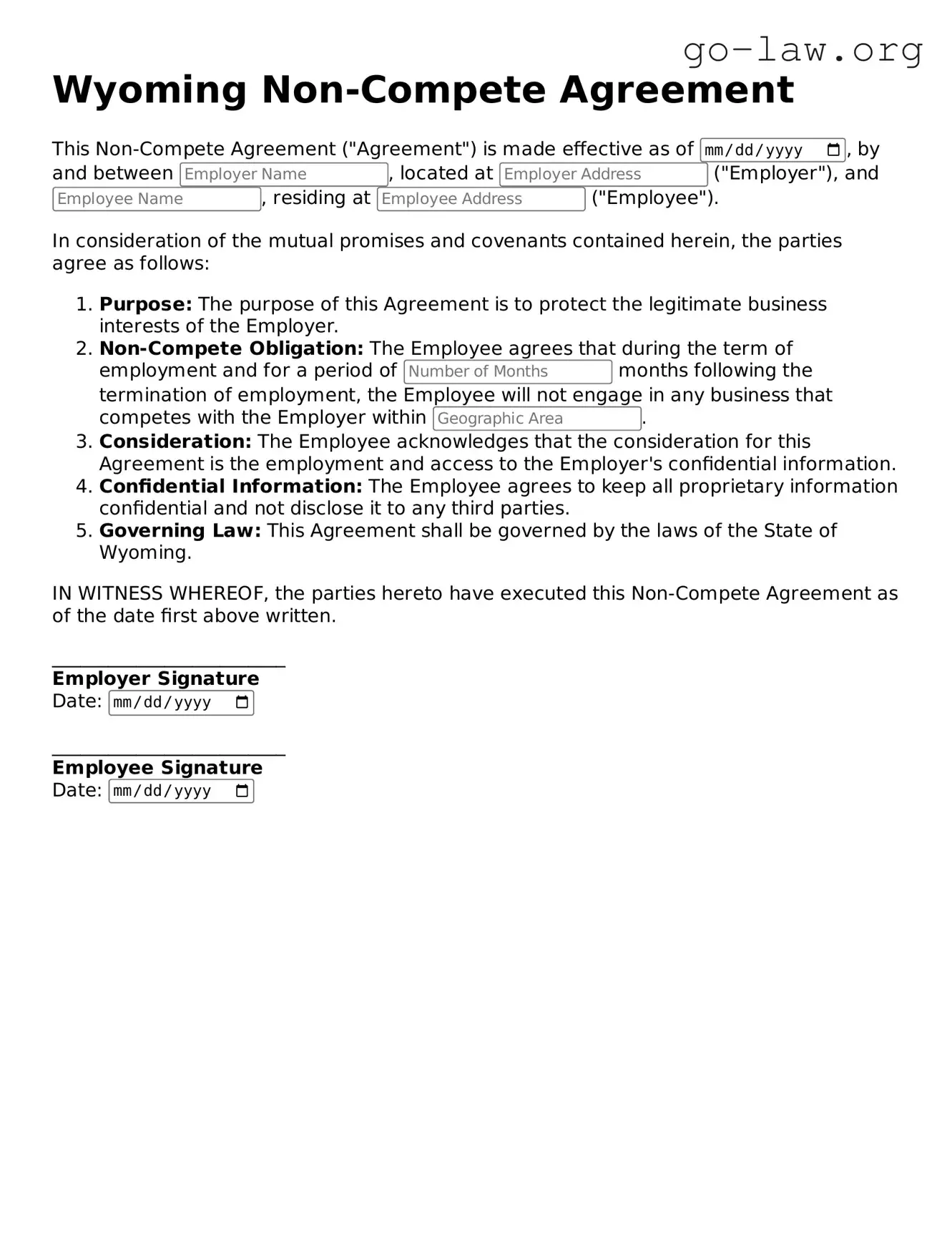 Fillable Wyoming Non-compete Agreement Form