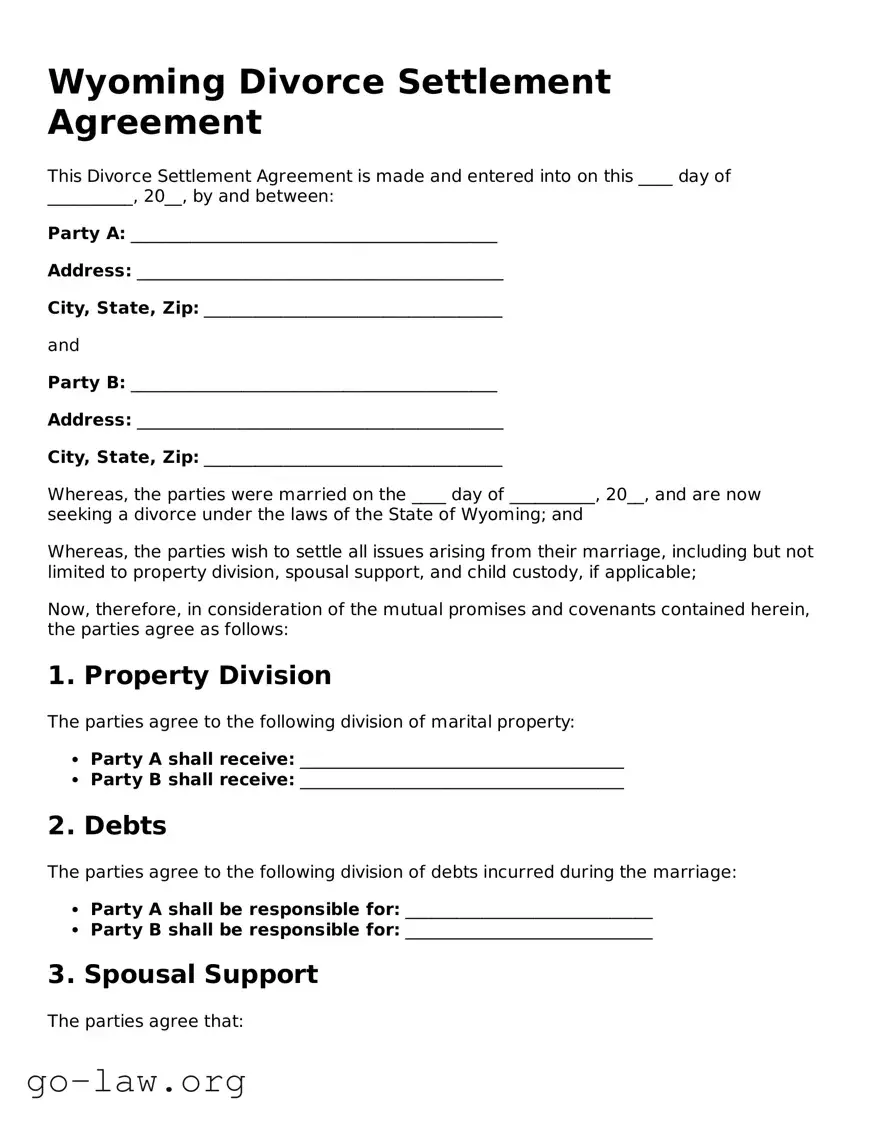 Fillable Wyoming Divorce Settlement Agreement Form