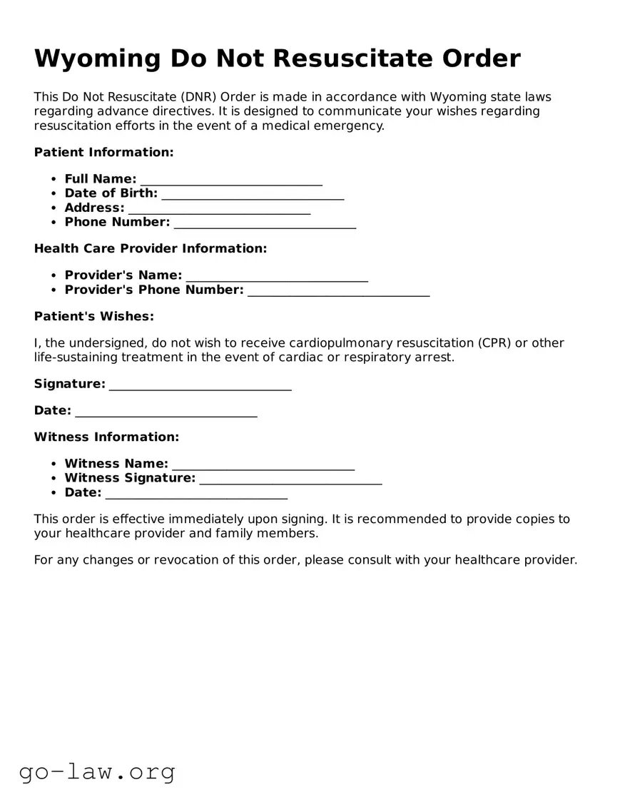 Fillable Wyoming Do Not Resuscitate Order Form