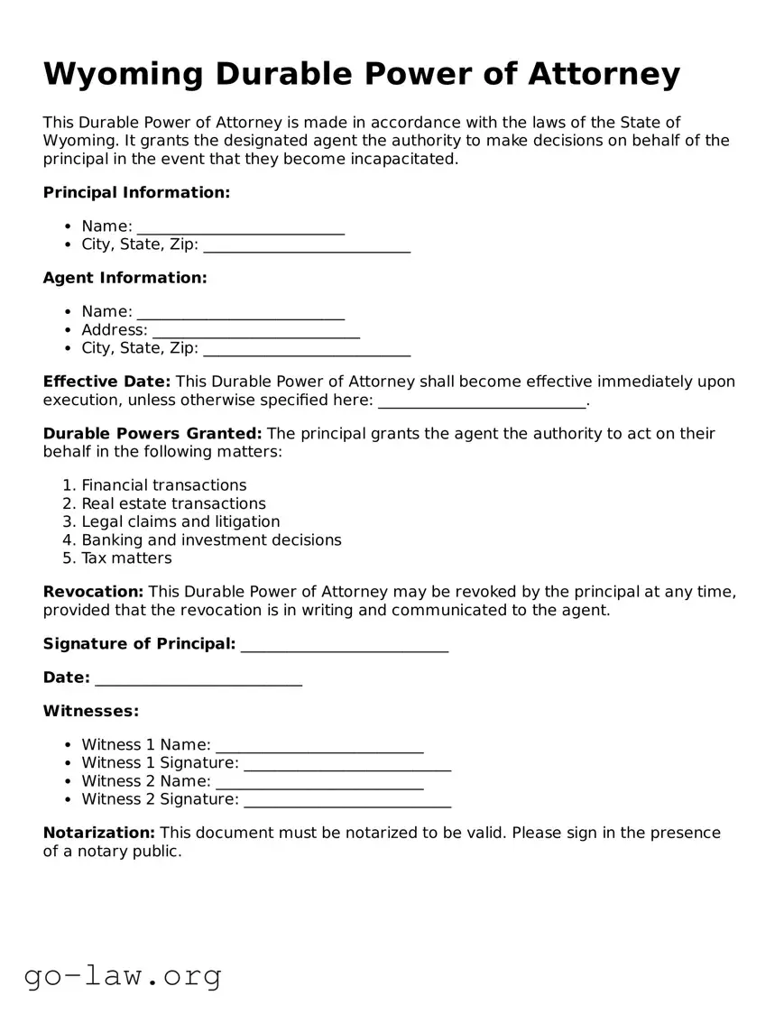 Fillable Wyoming Durable Power of Attorney Form
