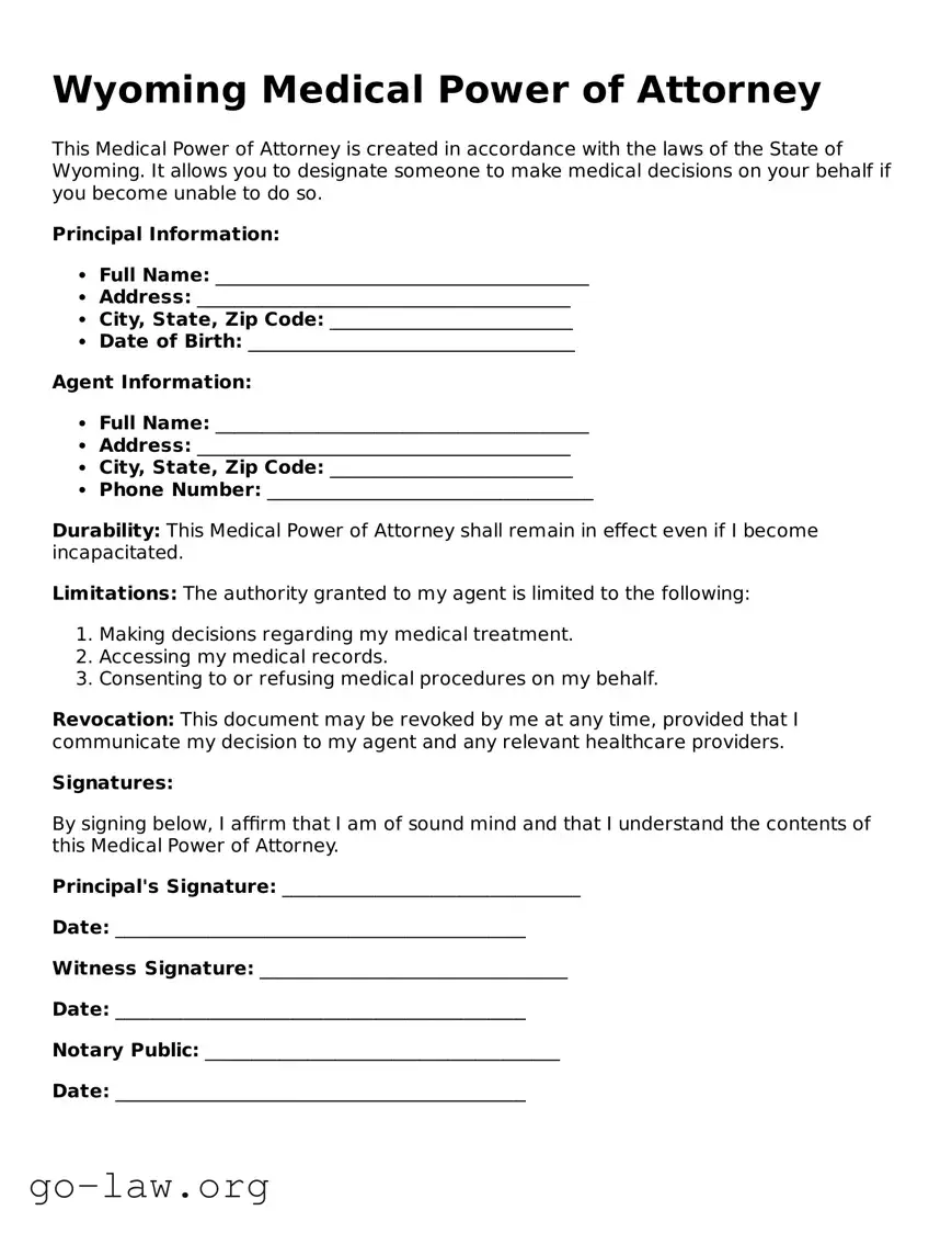 Fillable Wyoming Medical Power of Attorney Form