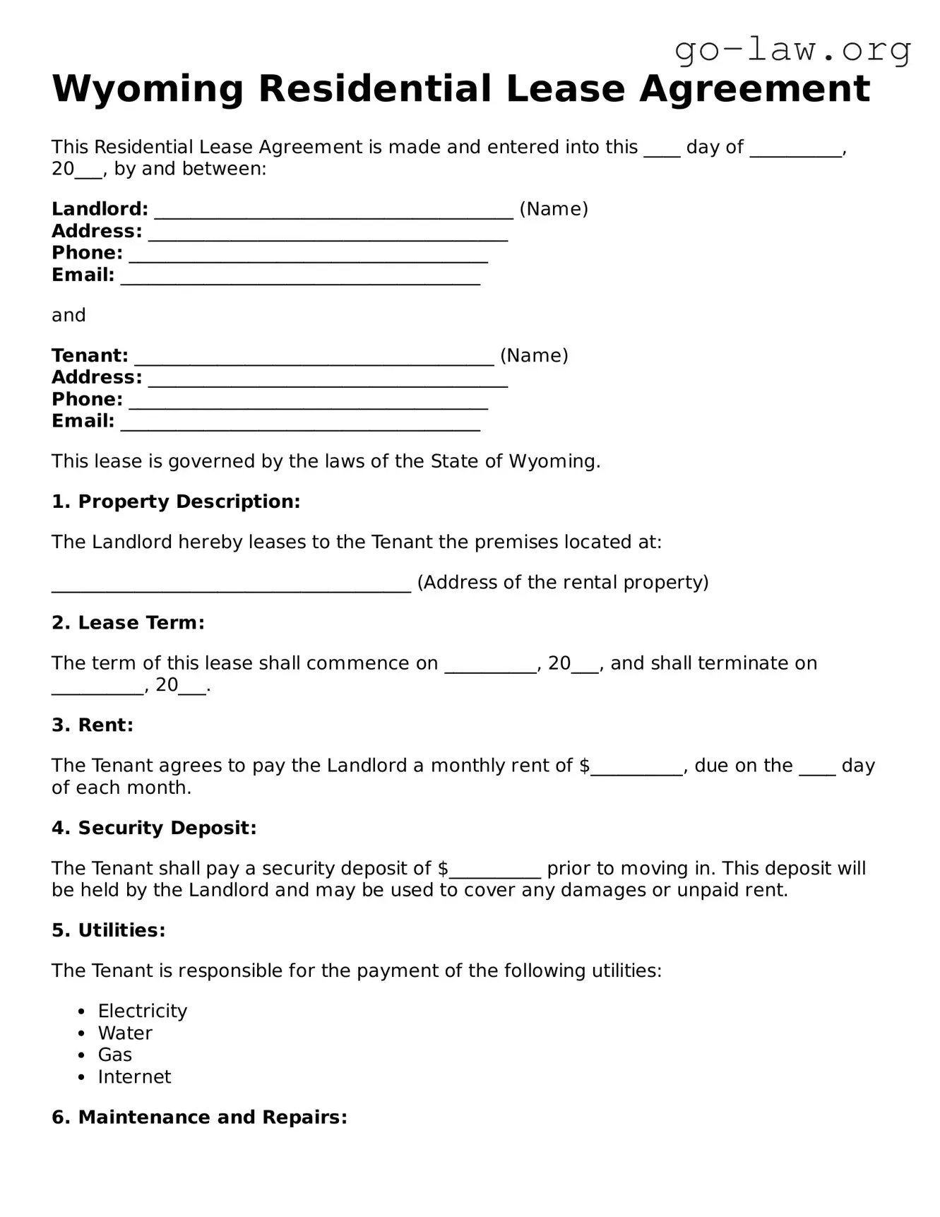 Fillable Wyoming Residential Lease Agreement Form