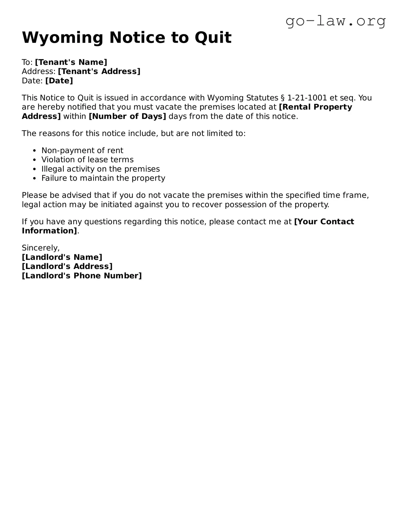 Fillable Wyoming Notice to Quit Form